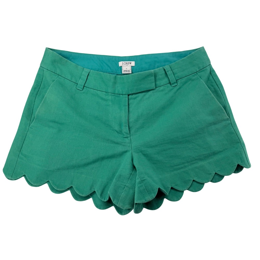 J.Crew Scalloped Hem Shorts Womens 2 Green Linen Cotton Coastal Preppy Vacation
